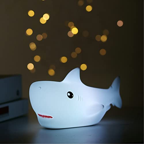 Image of TriPro Silicone Shark Night Light for Kids Nursery – Soft Touch LED Baby Room Lamp, 7-Color Touch-Control USB Rechargeable Battery Nightlight Decor