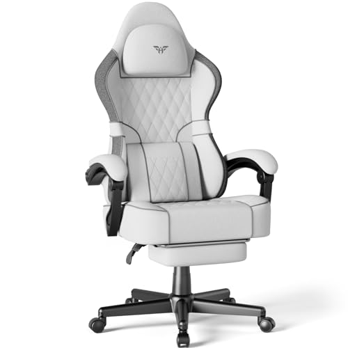 Soontrans Silla Gaming con Cojín Lumbar Masajeador, Silla Gamer con Reposacabezas, Reposapiés, Cadeira Gaming, Tela, 360° Giratorio, Altura Ajustable para Juegos, 136kg(Blanco)