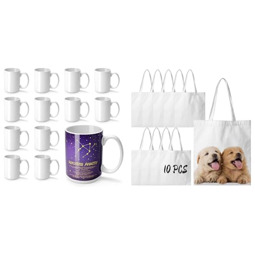 Joyclub Bundle of 12 Set 15 oz Sublimation Mugs Blank and 10 Pack Canvas Tote Bags