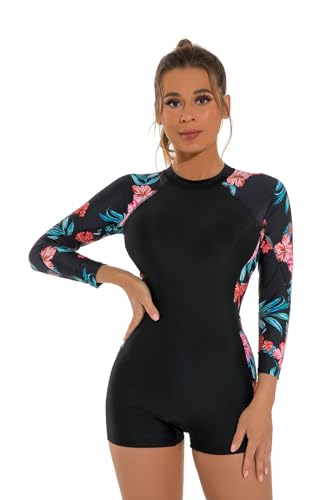 Mrkeung Traje de baño de una pieza para mujer, de manga larga, estampado floral, protección UV, Rojo -, S