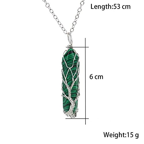 Wansan Hand-Wound Tree Of Life Natural Crystal Hexagonal Prism Necklace Fortune Tree Necklace, Chakra Yoga Pendulum Divination Energy Pendant Jewelry Gift (Created Emerald), Silver #TOP6