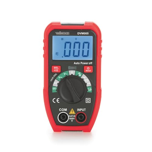 Velleman Multímetro digital, pantalla LCD, CAT III/600 V, apto para medir voltaje CA/CC, resistencia, temperatura, transistores, diodos y continuidad, prueba de batería, linterna, función NCV, cables
