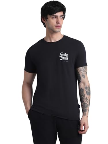 Image of Jack & Jones Men Pure Cotton Typography Printed Slim Fit T-Shirt