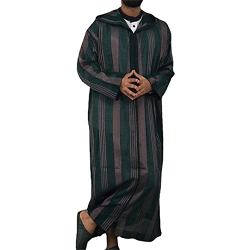 Islamic Kaftan Muslim Robes Men Striped Printing Long Sleeve Loose Robe Men's Hooded Robes Arabia Thobe