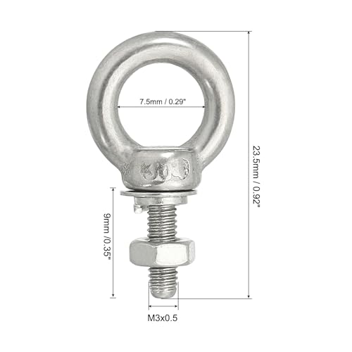 Image of uxcell M3*9 1 /8 inchx0.35 inch Stainless Steel Eye Bolts Threaded Screw Eyebolt Shoulder Ring with Nuts Washers for Lifting Hanging, 4 Set