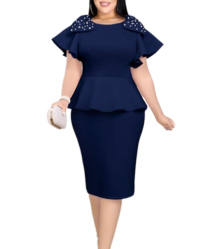 Image of ONTINVA Women's Plus Size Pencil Dress Bowtie Beaded Ruffle Flared Sleeves Wedding Guest Dress Wear to Work Dresses