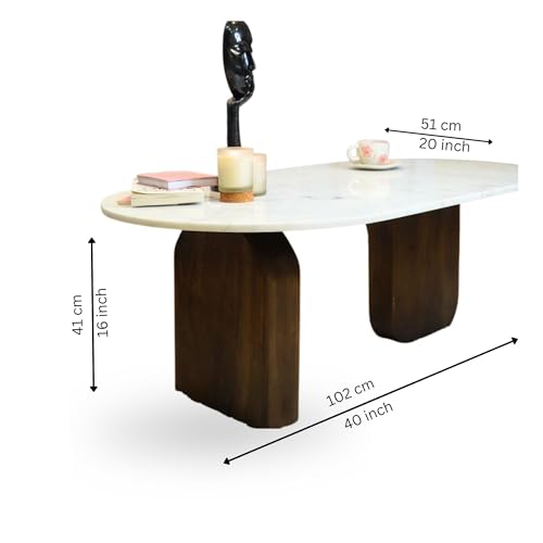 Image of Gharaana Ohana Wooden Modern Centre Table for Living Room (40x20x16 inch) Solid Mango Wood, White Marble Top | Chestnut Brown | Rectangular Luxury Coffee Table