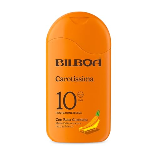Bilboa Carotissima, Latte Solare SPF 10, Abbronzante Corpo, Formula con Betacarotene, Mette l'Abbronzatura Nero su Bianco, Resistente all'Acqua, Dermatologicamente Testato, 200 ml