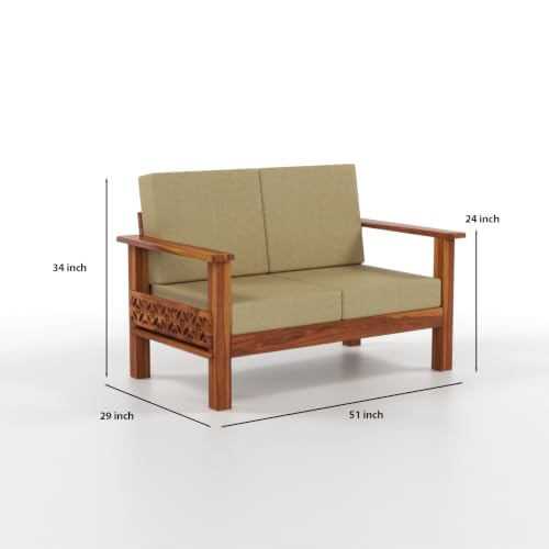 Image of Solid Sheesham Wood 2 Seater Sofa | Modern Wooden Sofa with Upholstered Cushioned Seat & Backrest | Handmade Carved Accent Loveseat for Living Room, Bedroom & Office