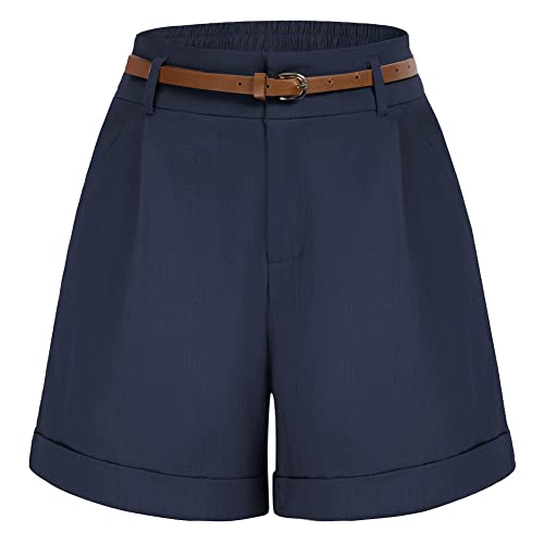 Image of Belle Poque Women Bermuda Shorts Elastic Waist Wide Leg Shorts with Pockets & Belts