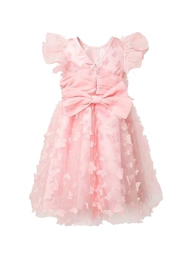 Girls Dress Pink Feather Decor Party Dress Ruffle Sleeve Tuller Dresses for Girls Festival2