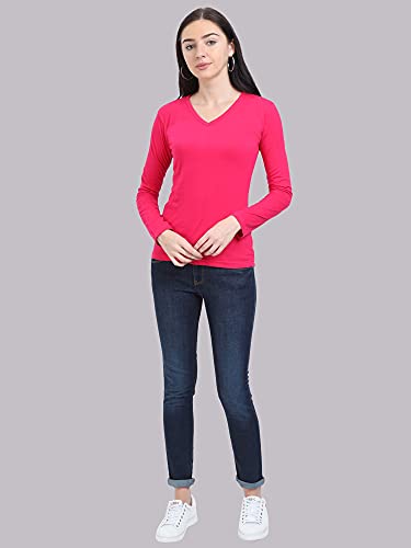 Image of FLEXIMAA Women's Cotton Plain V Neck Full Sleeve T-Shirt