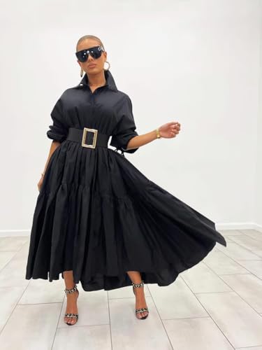 Image of Women's Long Sleeve Maxi Shirt Dress Elegant Button Down Loose Swing Party Dress