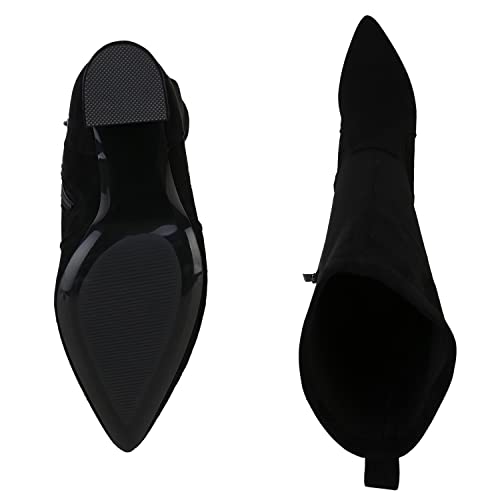 VAN HILL Damen Klassische Stiefel Basic Schuhe Spitze Blockabsatz Freizeitstiefel Veloursleder-Optik Absatzschuhe 210062 Schwarz Velours 37