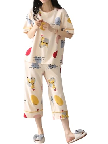 Lunza Women’s Cotton Pajama Set with Top & Pants|| Korean Night Suit|| Lightweight Printed Set || Soft & Comfy Sleepwear for Girls & Women (Yellow Animal, XS)