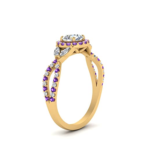 Image of Choose Your Gemstone Floral Split Shank Halo Engagement Ring Yellow Gold Plated Round Shape Split Shank Engagement Ring Lightweight Office Wear Everyday Gift Jewelry US Size 4 to 12
