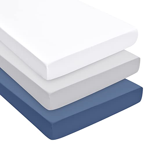 David's Kids 3 Pack Mini Crib Sheets, Ultra Soft Comfy Pack N Play Sheets for Boys Girls Neutral?Universal Fit for Pack N Play, Playard and Mini Crib Mattresses, White & Light Grey & Navy Blue