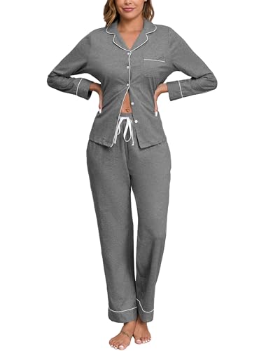 Image of Veseacky 100% Cotton Women's Pajama Set Long Sleeve Button Down Sleepwear Soft Pjs Lounge Sets Nightwear Pjs XS-XXL