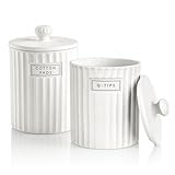 Ronasip White Ceramic Bathroom Organizer and Storage Jars with Lid, 2 Pack Qtip Holder and Cotton Pad Dispenser, Apothecary Canisters for Vanity, Kitchen Countertop, Home Decor