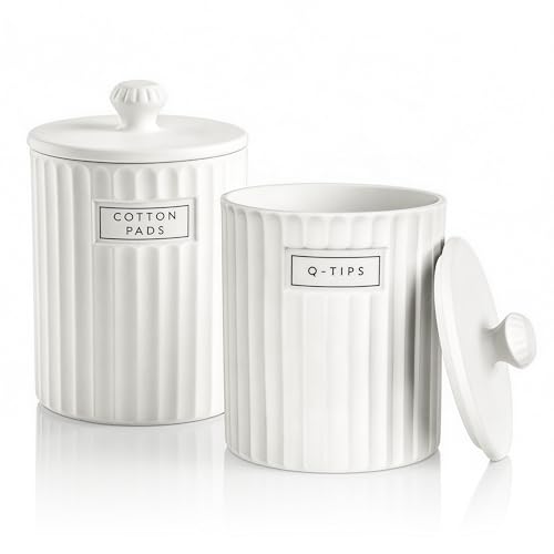 Ronasip White Ceramic Bathroom Organizer and Storage Jars with Lid, 2 Pack Qtip Holder and Cotton Pad Dispenser, Apothecary Canisters for Vanity, Kitchen Countertop, Home Decor