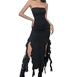 DOUCIU Women Sexy Strapless High Side Split Backless Irregular Bodycon Sleeveless Midi Dress Sexy Dresses (as1, Alpha, m, Regular, Regular, Black)