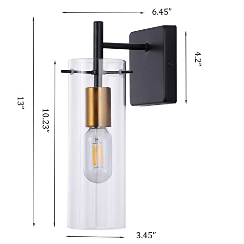 Wenore Home Set Of Two Black Gold Wall Sconces, Modern Metal Sconces With Clear Glass Wall Lighting, Wall Mount Vintage Vanity Light Fixture For Bathroom Bedroom Hallway Livingroom Entry, 2-Pack #TOP2