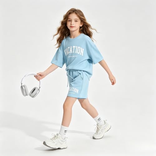 Image of Size 6-12 Years Girl's Tracksuit Sets 2 Piece Outfits Letter Print Vacation Tee Top and Drawstring Waist Shorts