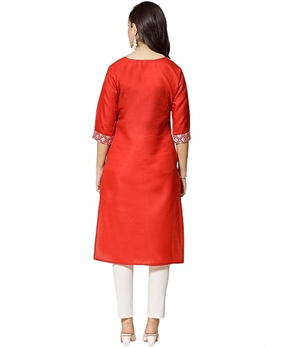 Image of Women's A-Line Cotton Embroidery Red Kurti |Red