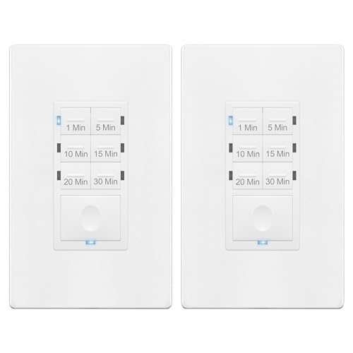 ENERLITES Countdown Timer Switch for bathroom fans and household lights 1-5-10-15-20-30 Min Settings with Manual Override Always On Blue LED Neutral Wire Required UL Listed HET06A White 2 Pack