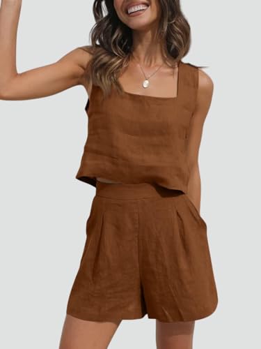 2024 Womens Linen Square Neck Crop Shirt and Shorts 2 Piece Sets Lounge Matching Sets Summer Casual Trendy Beach Outfits2