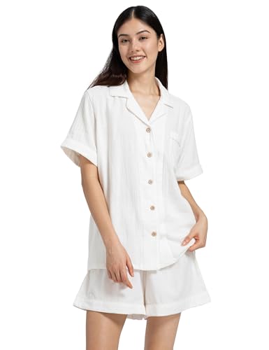 Image of Womens Muslin Pajama Sets 100% Cotton Double Gauze Linen Like Short | Breathable Soft Comfort Button Up Loungewear Sleepwear PJ Set