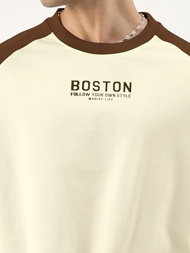 Image of Maniac Men's Printed Raglan Round Neck Half Sleeve Oversized T-Shirt | Raglan sleeve, oversized cut