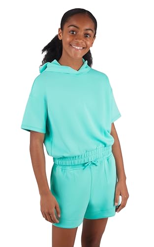 90 Degree By Reflex Girls 2 Piece Set Softlite Short Sleeve Hoodie + Softlite Road Trip Short - Aruba Blue - Medium