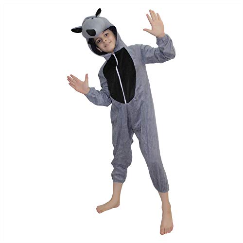 Image of Kaku Fancy Dresses Fleece Rhino Wild Animal Costume For Kids - Grey, 5-6 Years | Animal Fancy Dress For Boys & Girls