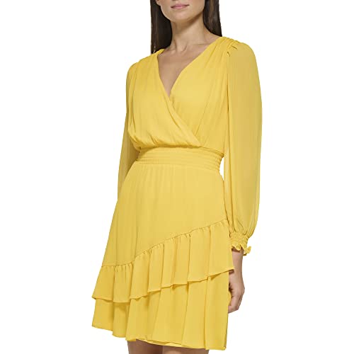 Image of DKNY Women's Long Sleeve Tiered Ruffle Smocked Waist Mini Dress