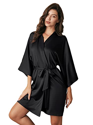 AW BRIDAL Black Silk Robes for Women and Ladies Knee Length Satin Bathrobe with Pockets Short Bridesmaid Robes for Wedding Sexy Dressing Gown for Bridal Party S