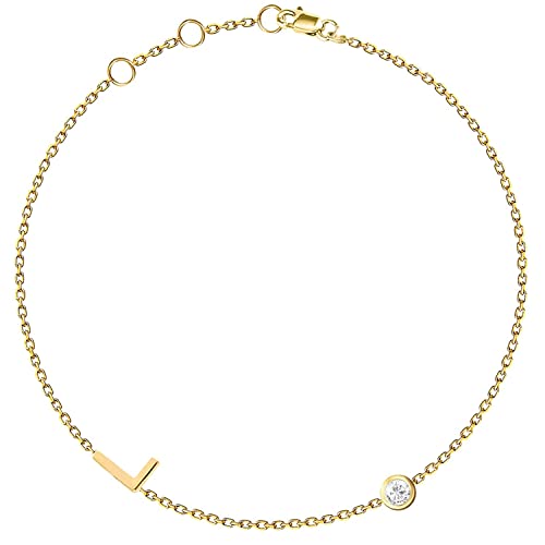 14k Gold Sideways Letter Bracelet, 14k Gold or Silver Custom Initial Bracelet, Personalized Birthstone + Letters Bracelet, Multiple Solitaire Diamond + Letters Alphabet Bracelet for Women Girls - Image 5