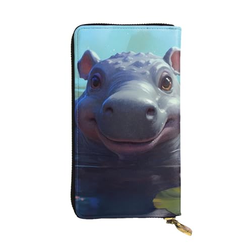 Cute Hippo Picture Leather Long Clutch Wallet for Fashionable Girls and Women - Durable, Stylish, and Functional, Black, One Size