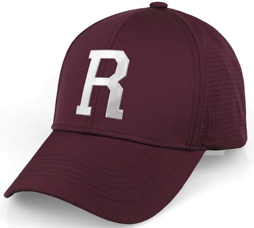 Daxton Performance Cool Tech Baseball Hat - Burgundy Cap, Silver Logo Letter R