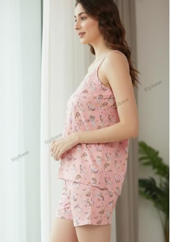 Image of Stylbase Babydoll Stylish Women Pajama Set Lingerie Night Suit Above Knee Soft Floral cami Shorts Pyjama Set with Lace Trim, Ideal for Nightwear or Lounging, Comfy (Upto L)