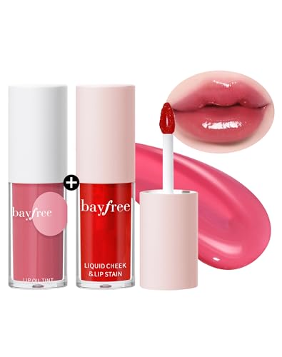 bayfree Tinted Lip Oil & Lip Stain Set, Korean Makeup, Smudge-Proof,Long-Wearing, 2-in-1 Cheek and Lip Tint with Moisturizing, High-Shine, Lightweight & Non-Sticky for Dry Lips, Cruelty-Free & Vegan