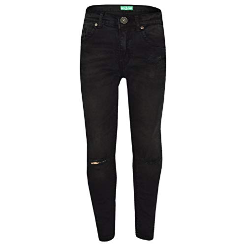 Girls Stretchy Jeans Kids Jet Black Denim Ripped Pants Frayed Trousers 5-13-14 Year