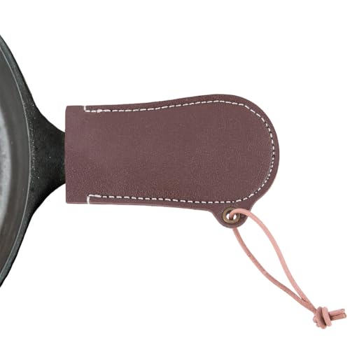 CALFOVERA PU Leather Cast Iron Handle Cover Handmade Skillet Assist Grip Sleeve Heat Resistant Frying Pan Handle Cover Leather Hot Holder Sleeve for Kitchen Baking Cooking BBQ Cookwares(Brown)