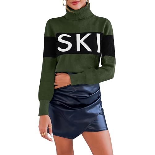 Ybenlow Women Sweaters Color Block Turtleneck Tops Comfy Winter Blouse 2024 Ski Sweaters Tight Knit Outfits Shirts XS-L