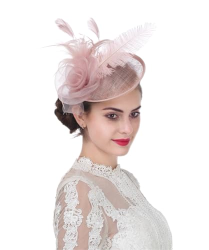 Haojing Sinamay Flower Feather Headband Fascinator Wedding Headwear Ladies Race Royal Ascot Pillbox Wedding Cocktail Tea Party Derby Hat For Women (A4-Light Pink)