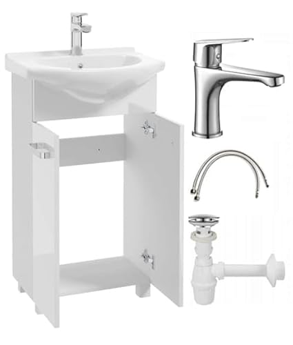 Deftrans - Mobile Bagno Con Lavabo A Colonna, Set Arredo Bagno 85X50X40 Cm, Bianco Lucido, Base Lavabo Con Lavabo E Rubinetto Con Scarico Click-Clack,
