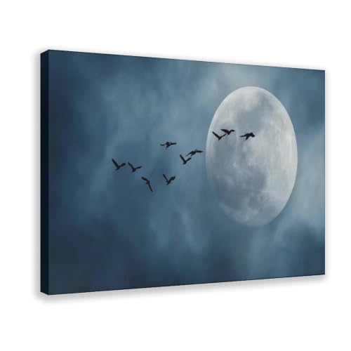 Peinture à l'huile lune mélancolie et oiseaux sur toile de décoration 40x60 cm