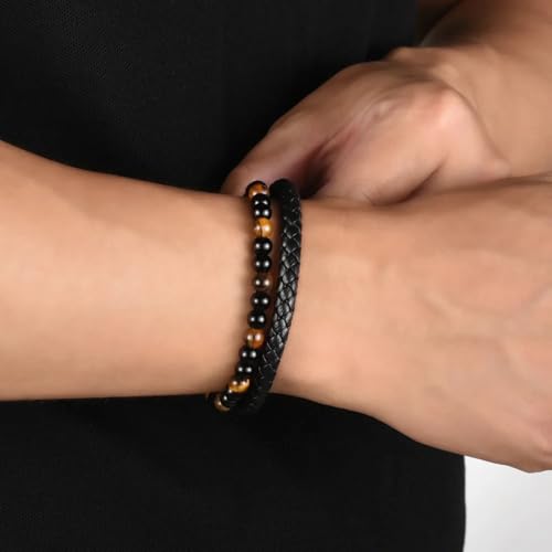 The Guardian - Son's Tiger Eye Protection Bracelet From Mom, Love You Forever Linked Together Leather Black Beaded Cuff Bangle Mens Birthday Weave Gift Jewelry3