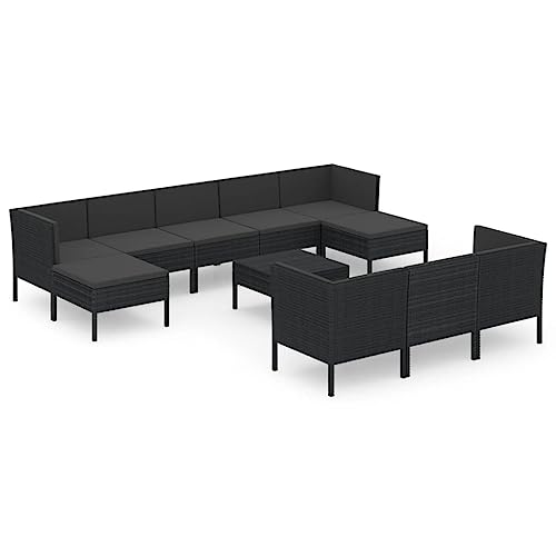 vidaXL Gartenmöbel 11-TLG. mit Auflagen Sitzgruppe Sofa Lounge Garten Garnitur Gartenset Gartensofa Mittelsofa Ecksofa Tisch Fußhocker Poly Rattan Schwarz