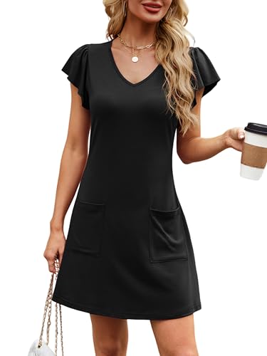 Image of Summer Dresses for Women 2025 Casual V Neck Flutter Short Sleeve Mini Dress Beach T Shirt Sundress with Pockets